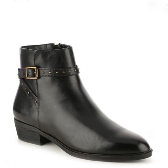 Lauren Ralph Lauren Shaw Black Leather Studded Buckle Heeled Ankle Booties - Picture 9 of 9